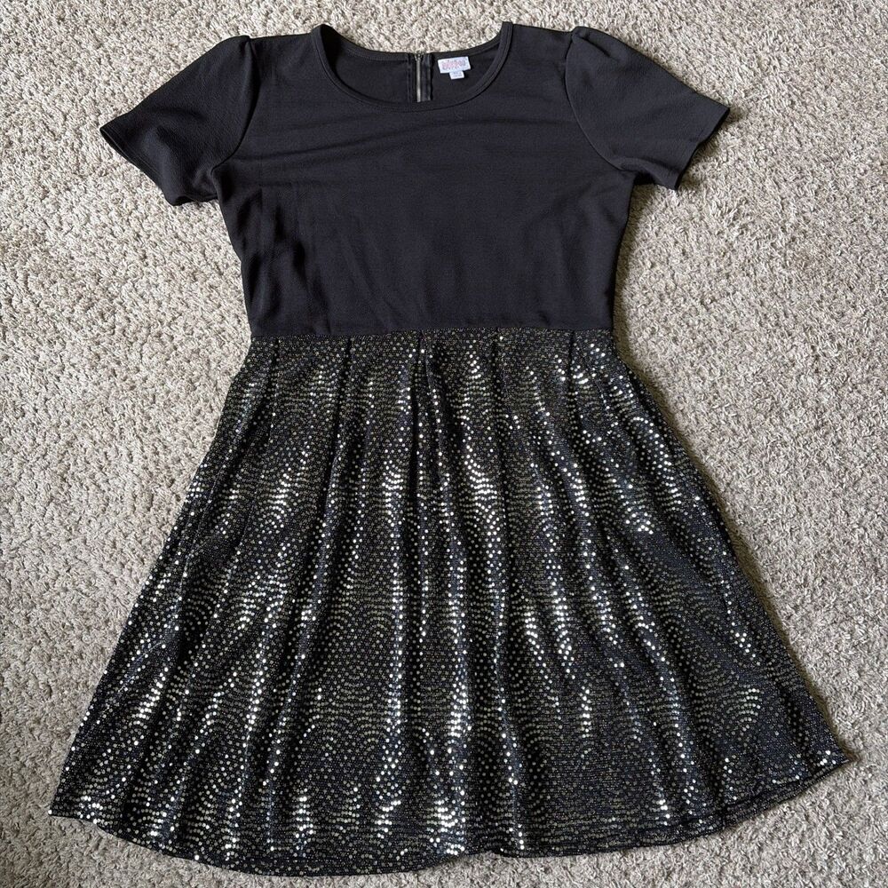 LuLaRoe Amelia Elegant silver and black 3xl Short Sleeve Knit Zip Dress EUC